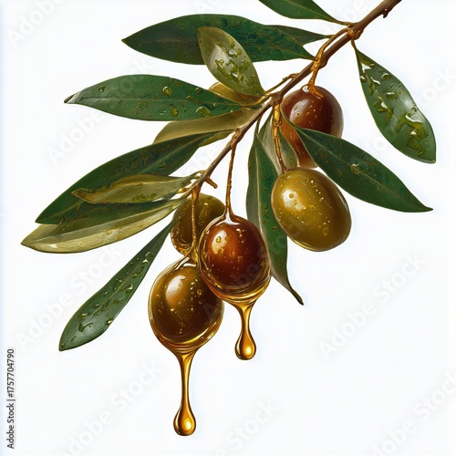 Fresh Olives Hanging From a Branch With Olive Oil Dripping in Bright Light