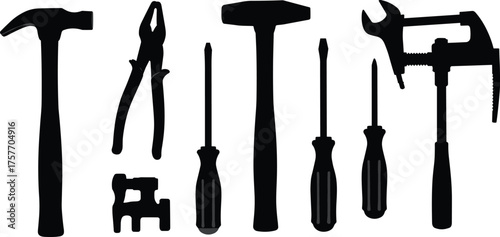 Silhouette of hand tools for construction, repair, maintenance, DIY, hardware, wrench, hammer, screwdriver, pliers, mallet, staple gun, equipment