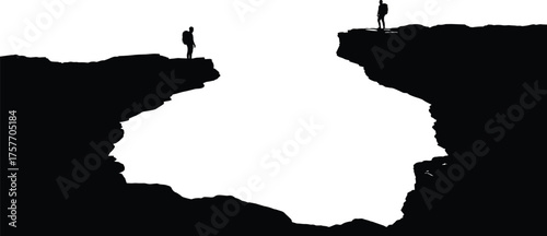Silhouette, cliff, emotional distance, dramatic gap, separation, confrontation, longing, rugged terrain, symbolic divide, people, tension, contrast, isolation, communication, metaphor
