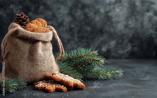 Holiday Bag Filled With Gingerbread Cookies and Pine Branches on Dark Background