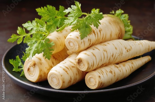 Fresh Parsnips With Greens on a Black Plate Ready for Cooking or Garnishing a...