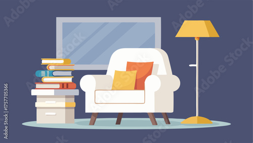 A cozy reading nook with a plush white armchair a gold floor lamp and a stack of coffee table books on a sleek white side table.