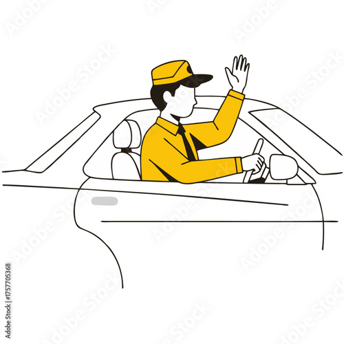 A friendly male driver in a yellow uniform and cap waving from his car.