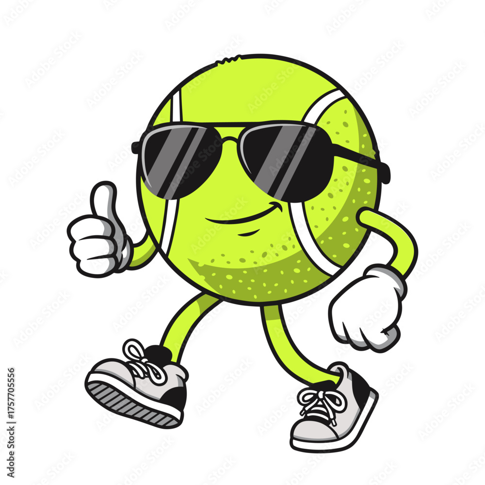 Obraz premium cartoon tennis ball character with sunglasses giving a thumbs up, cool retro logo mascot illustration