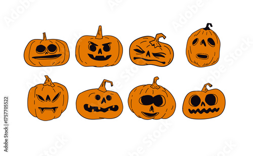 Halloween carved pumpkins hand drawn illustrations, cute funny jack o lanterns