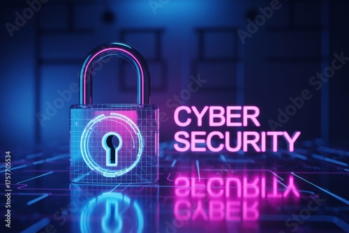 Neon Glowing Padlock Cyber Security Futuristic Concept Generative AI