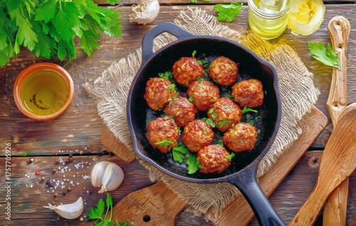 Homemade Meatballs Cooked in Cast Iron Skillet With Fresh Herbs and Garlic on...