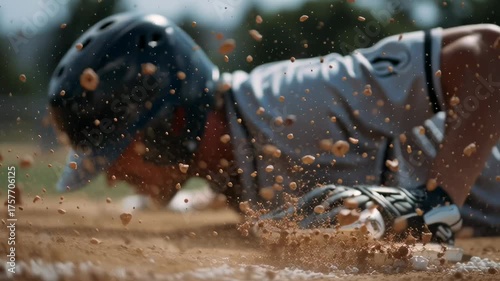 A baseball player sliding into a base with dirt flying up behind him. The scene is intense and action-packed, with the player's focus on making it to the base safely