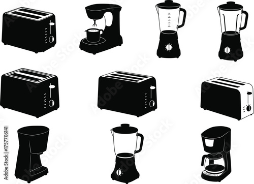 Stylized kitchen appliances collection, black and white illustration, toasters, coffee makers, blenders, modern design, household items, cooking equipment, minimal art