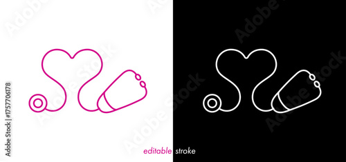 Editable stroke, heart shape, medical stethoscope design set. Healthcare symbol to use for health industry, cardiology, medical care, hospital, health science projects.