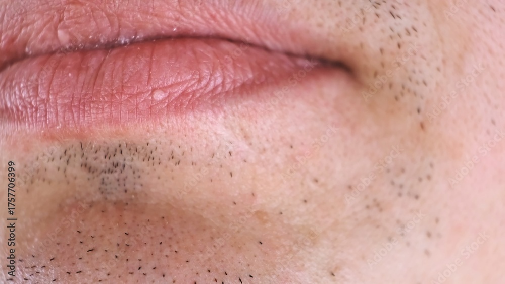 Fototapeta premium A white pimple on a lip. Extreme macro shot of an man's mouth. Stubble skin. Subcutaneous wen on the lips. First manifestation of herpes. Skin growth. A papilloma on the face. High quality photo