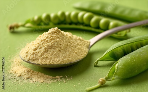 Bright Green Peas and Pea Powder on a Spoon Create a Fresh Kitchen Scene