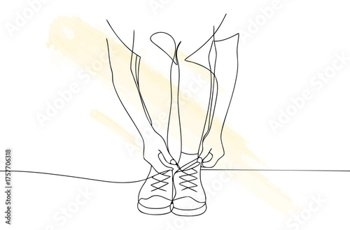 Minimalist outline person tying shoelaces with yellow watercolor accents single line shoes
