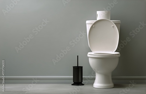 Modern Bathroom Setting Featuring a White Toilet and a Black Toilet Brush Holder