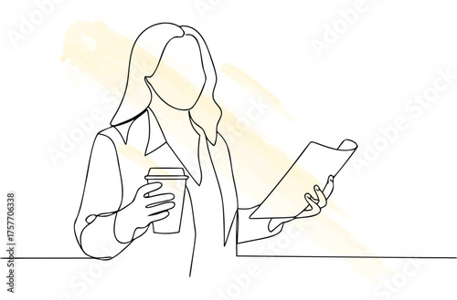 Single line drawing a businesswoman holding coffee cup paper vector
