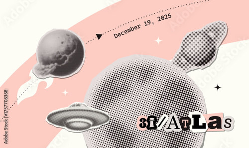 Vintage halftone textured 3i-atlas banner with a retro round grain effect. Dotted offset torn out paper stikers. Y2k vintage cover for design asteroid, meteor, galactic, planet, asteroid, galaxy