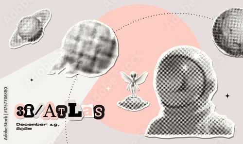 3i-atlas halftone collage banner with Astronaut, asteroid on orbit and moon zine pop art style vector illustration. Vintage pastel composition with paper turnout stickers