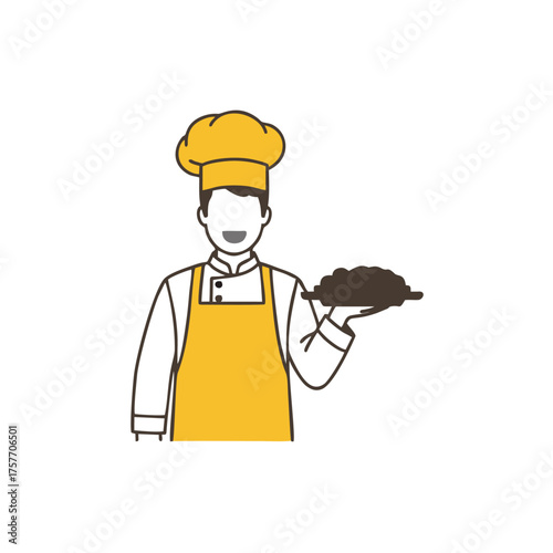 Chef in Yellow Apron Holding a Plate of Food.