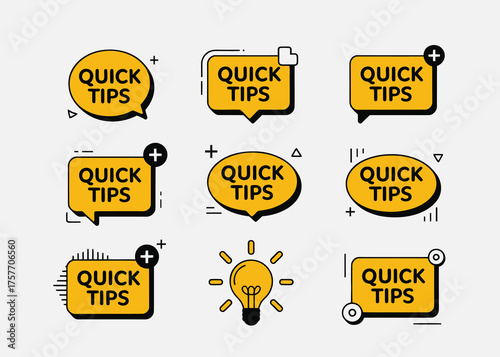 Various quick tips icons and lightbulb on a white background design set