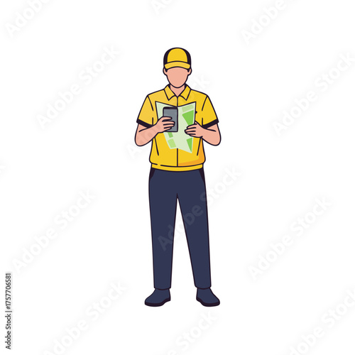 Delivery Man in Yellow Uniform Holding Map, Looking Down, Full Body View.
