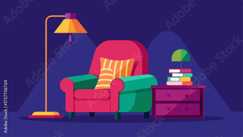 A cozy reading nook with a plush velvet armchair a fuzzy throw blanket and a gilded floor lamp.