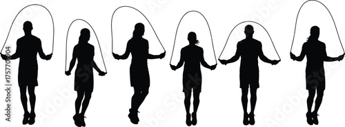 Silhouette of people jumping rope together, fitness workout, cardio exercise training, active lifestyle, healthy movement, skipping rope activity, black vector flat illustration.