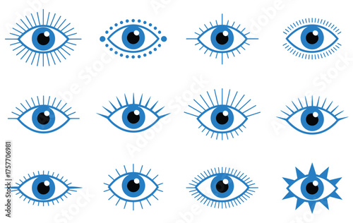 Evil eye symbols, vector blue talisman illustrations for protection, luck, and cultural design, mystical amulet artwork, spiritual symbols, decorative folklore illustration,
