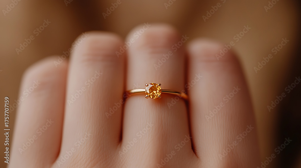 Fototapeta premium Close-up captures the beauty of a golden ring with an orange stone, adorning a finger. Its simple design and warm color create an elegant and timeless piece of jewelry.