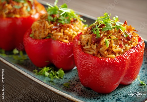Delicious Stuffed Bell Peppers With Rice Served on a Decorative Plate