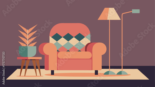 A cozy corner with a plush velvet armchair a floor lamp with a vintage style bulb and a geometric patterned area rug.