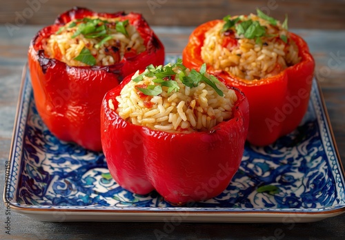 Stuffed Red Bell Peppers With Rice Filling on Decorative Plate at Dining Table