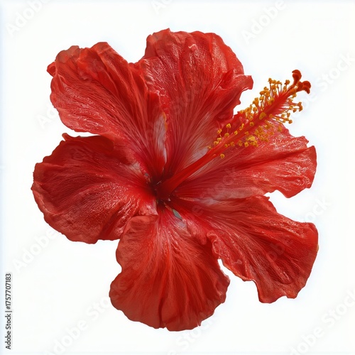Bright Red Hibiscus Flower With Green Leaves Against a White Background at Mi...