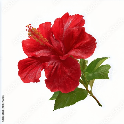 Bright Red Hibiscus Flower Blooming With Vibrant Petals and Green Leaves in S...