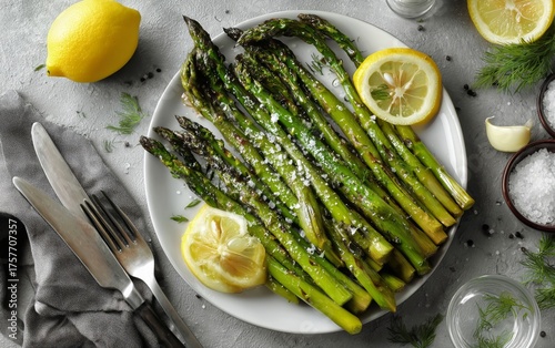 Fresh Asparagus With Lemon Slices and Herbs Served on a White Plate for a Hea...