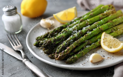 Fresh Asparagus With Lemon Slices and Herbs Served on a White Plate for a Hea...