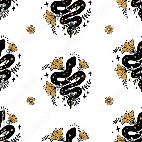 Seamless Pattern with Black Mystical Snake with Gold Flowers on White Background. Repeating Textured Hand Drawing Doodle. Vector Square illustration for magic, esoteric, mysterious design. Not AI