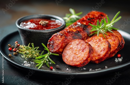 Delicious Grilled Sausage Served With Tangy Sauce and Fresh Herbs on a Black ...