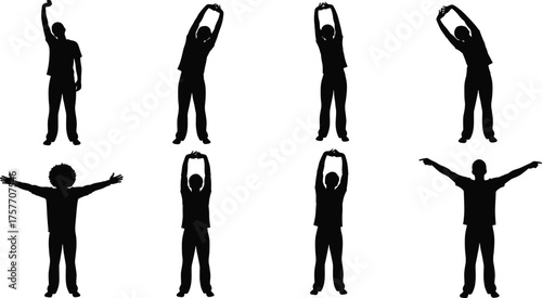 Silhouette of people doing morning stretching exercises, healthy lifestyle illustration, physical activity concept, fitness routine poses, wellness, exercise, vector design for stock image.