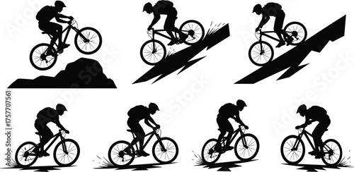 Mountain biker silhouette riding on rough terrain, extreme downhill action, sports adventure vector illustration, outdoor activity concept, professional cyclist performing jumps, speed motion, 