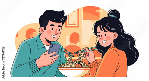 Couple Enjoying Noodles At Restaurant While Using Mobile Phone
