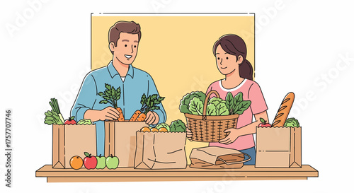 Couple Storing Groceries After Shopping for Healthy Foodstuffs