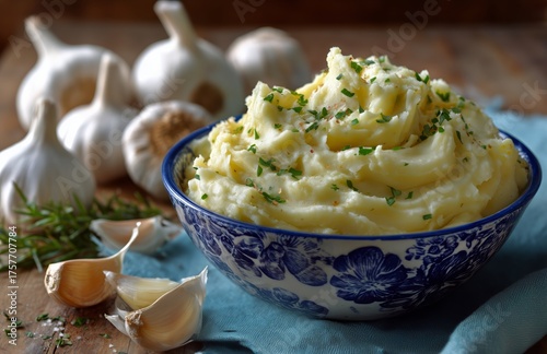 Creamy Mashed Potatoes With Garlic and Herbs in a Blue Bowl on a Rustic Woode...