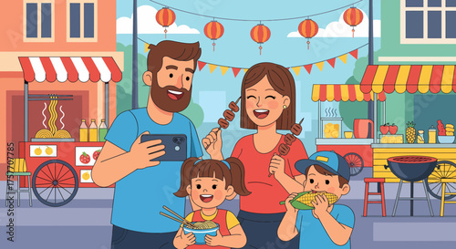 Family Enjoying Street Food At An Asian Market Festivities