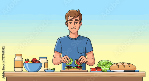 Man Prepares Homemade Sandwiches Fresh Ingredients Cartoon Style Illustration
