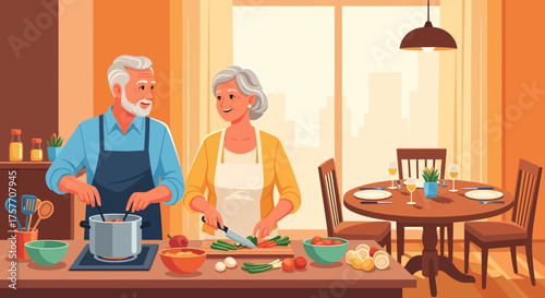 Senior Couple Cooking Together In Their Kitchen, Illustration Style