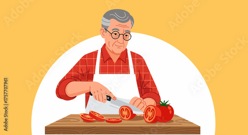 Senior Man Prepares Tomato Slices For A Healthy Meal