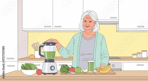 Senior Woman Making Green Smoothie In Bright Kitchen Illustration