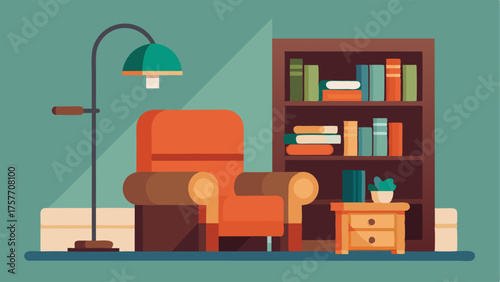 A cozy reading nook with a leather armchair a builtin bookshelf made from reclaimed wood and a large floor lamp.