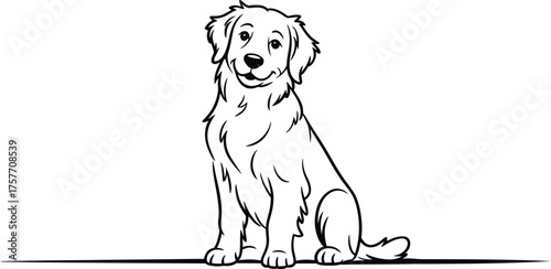 Cute Happy Golden Retriever Dog Puppy Sitting Smiling Friendly Black and White Flat Vector Illustration Outline Drawing Minimalist Pet Animal Portrait Canine Breed Design Graphic