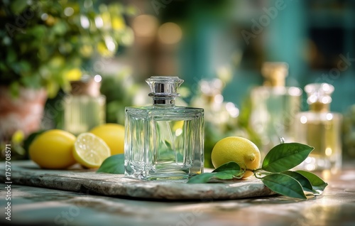 Lemon and Olive Oil Display in a Lush Garden Setting With Vibrant Greenery